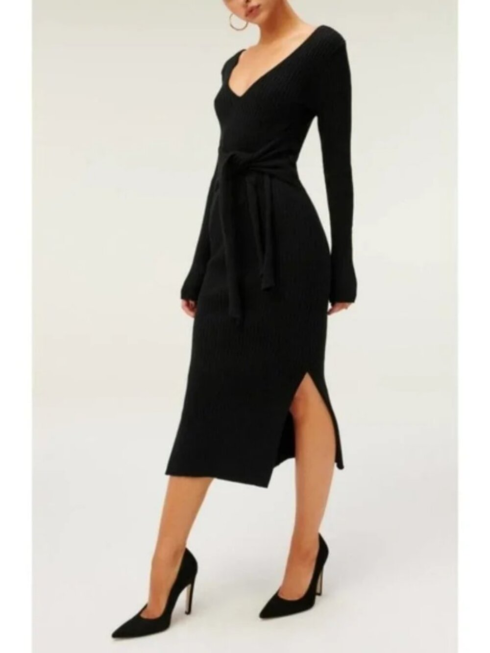 Good American Ribbed Knit Belted Bodycon Midi Sweater Dress Black S/M